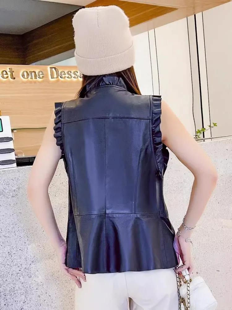 Vintage Women Ruffles Sleeveless Vest Tops Single Breasted Slim Fit Sheepskin Genuine Leather Waistcoat Stand Collar Jacket Coat