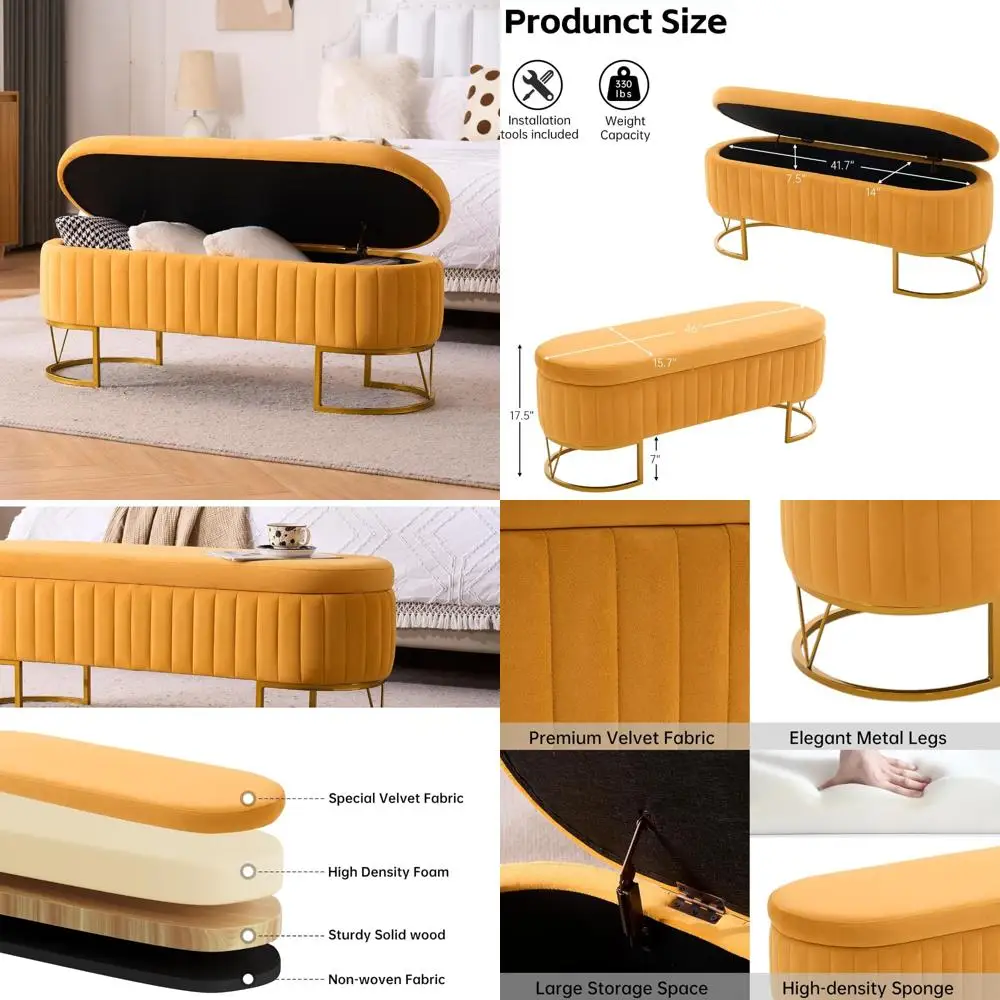 Elegant Upholstered Ottoman Bench with Gold Legs for Bedroom, Entryway, Living and Dining Spaces