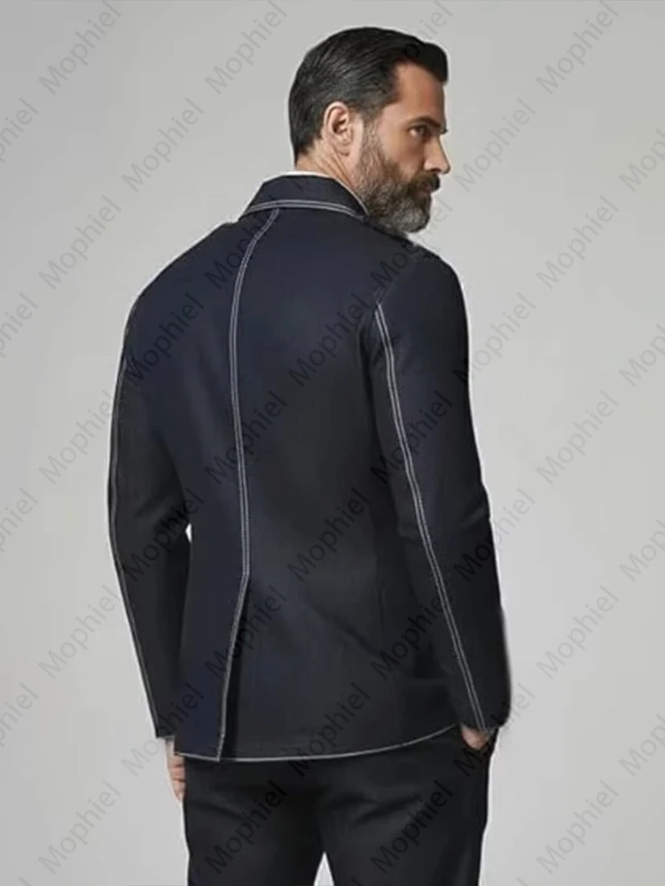 Denim Men's Suit Double Breasted Jacket Slim Fit Notch Lapel Multi-pocket with Gold Button British Style Casual Office Spot Coat