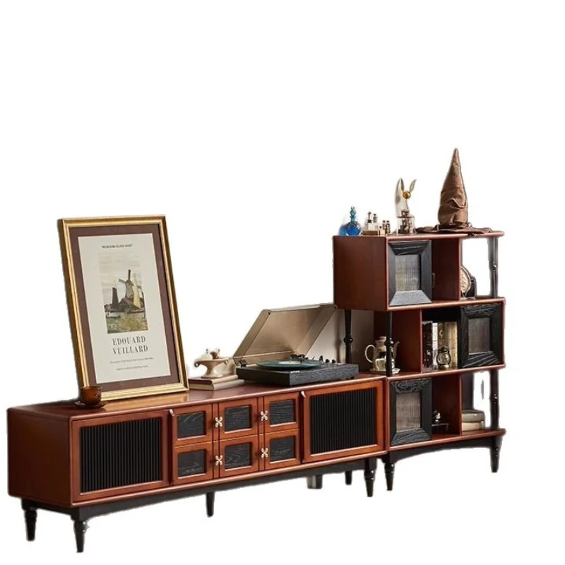 

French retro style TV cabinet medieval living room black solid wood Nordic style home living room combination drawer type high