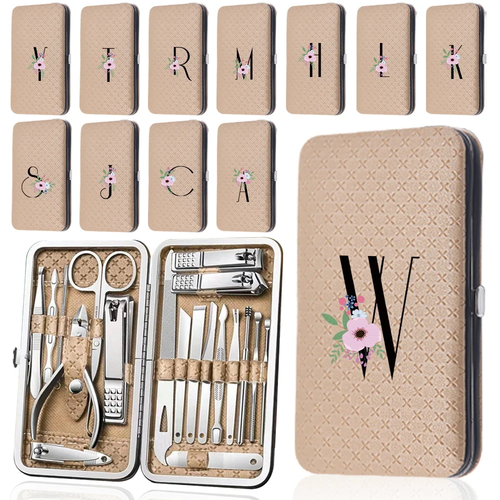 

19Pcs Nail Clipper Manicure Kit Stainless Steel Beauty Tool Set Pedicure Case Portable Organizer Flower And Black Letter Pattern