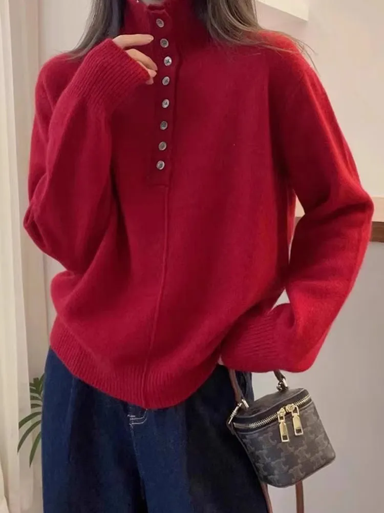 Ele Pure Color Knitted Sweater Long Sve Casual Design Faionable Overhead Korean Sle Commute Straight Cut Velvet