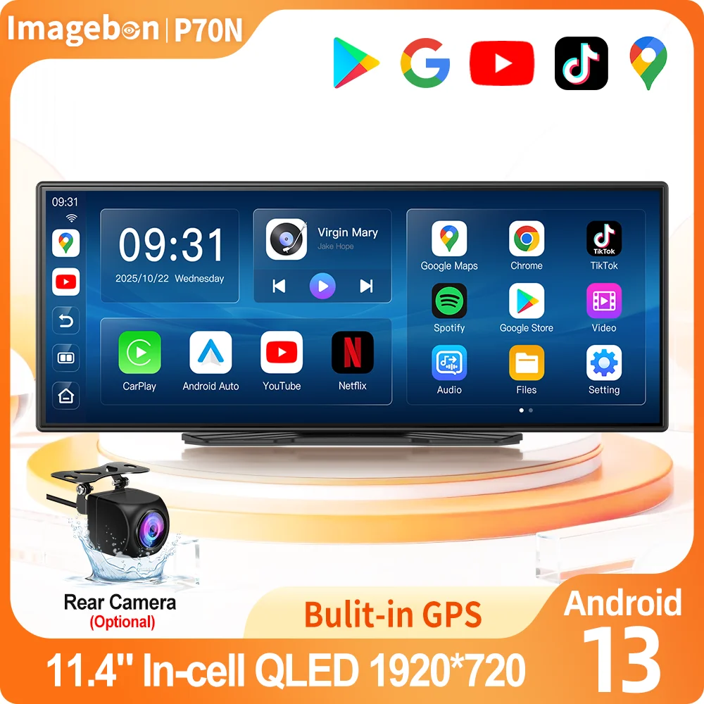 Imagebon P70N 11,4 Zoll Android 13 Smart Screen Dashcam Kabelloses Carplay Android Auto Google Play Netflix GPS-Navigation Auto-DVR