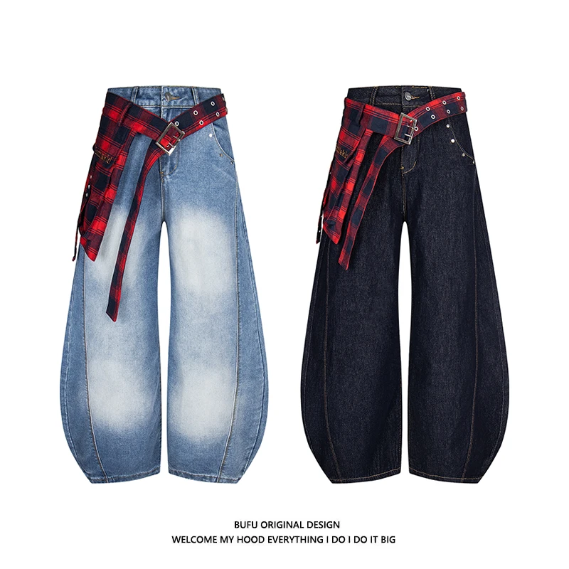 الملياردير BUFU الأمريكية شارع العليا منقوشة تفكيك غسل الجينز الرجال والنساء كلينفيت واسعة الساق السراويل السيفية