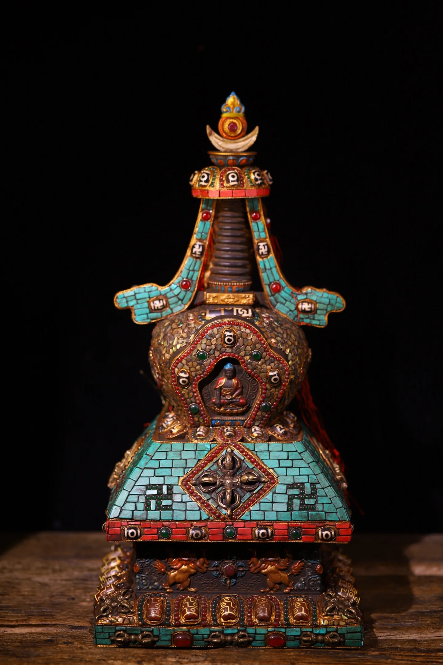 Old Lima Copper Painted Mosaic Gem gZi Beads Turquoise Shakyamuni Buddhist Niche Buddha Terrace Amitabha Worship Hall Town house