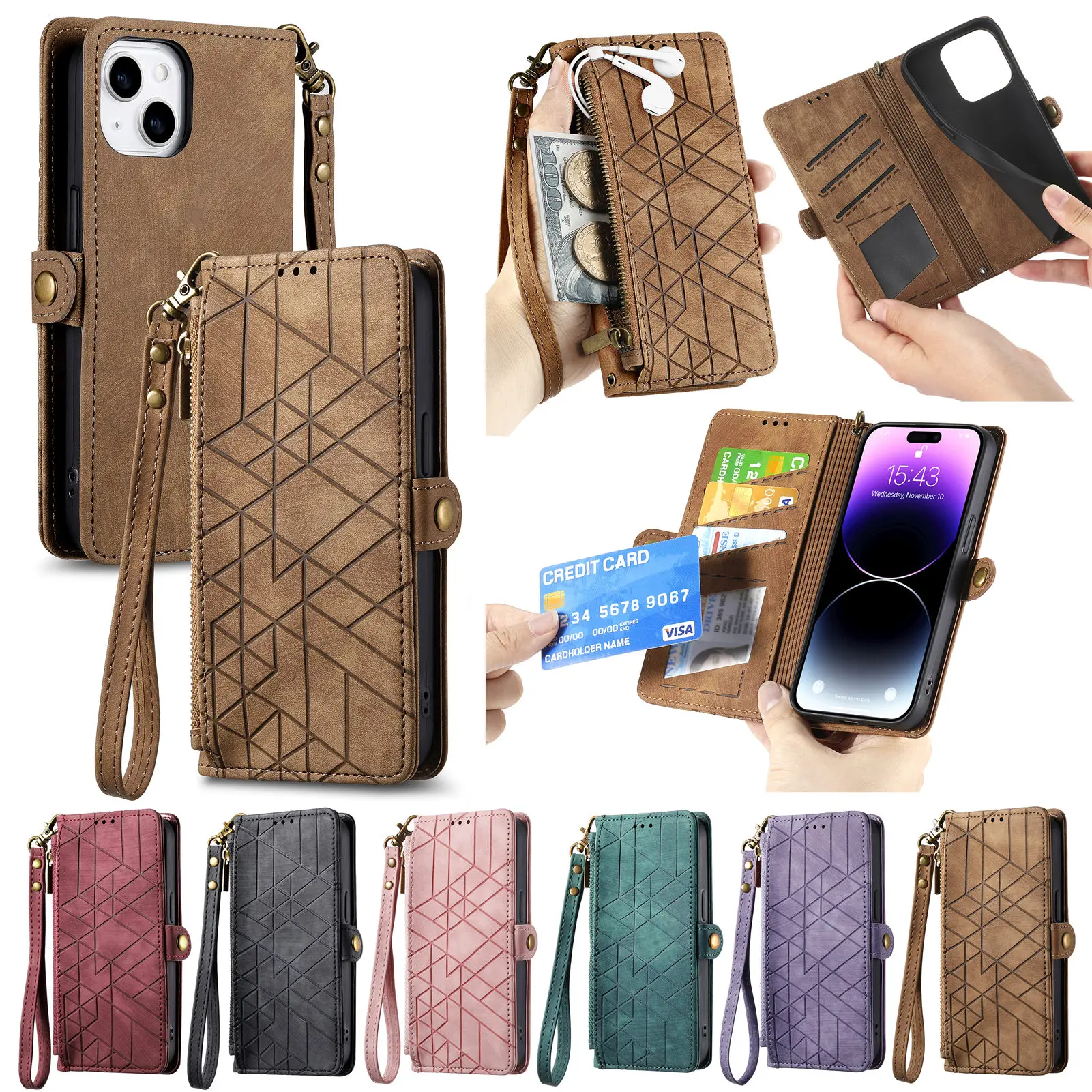 

Wallet Zipper Purse Card Solt Leather Case For iPhone 14 15 Pro Max 13 Mini 12 11 SE 2022 X XR XS 8 7 Plus Strap Bag Book Cover
