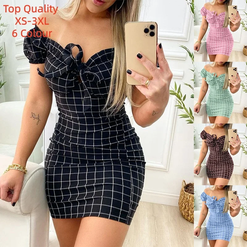 2026 verão sexy fora do ombro mini vestido feminino moda casual vestidos xadrez bodycon praia boho vestido de festa para mulher robe femme