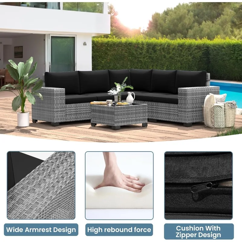 Outdoor Sectional Furniture Set 6-piece Grey Rattan Wicker Conversation Sofa Set with Glass Top Table and Waterproof Covers