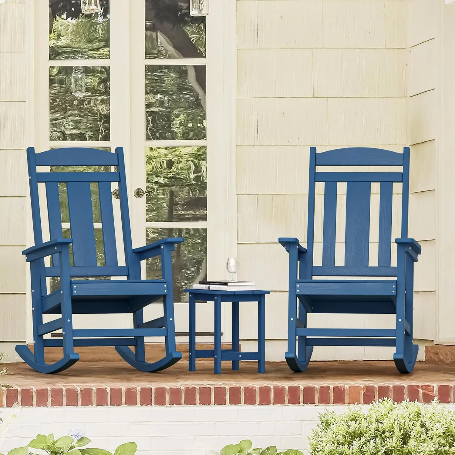 HDPS Poly Rocking Chair Set 3-Piece Porch Rocker with Table Weather Resistant Outdoor Indoor Garden 350lb Navy Blue, Customized