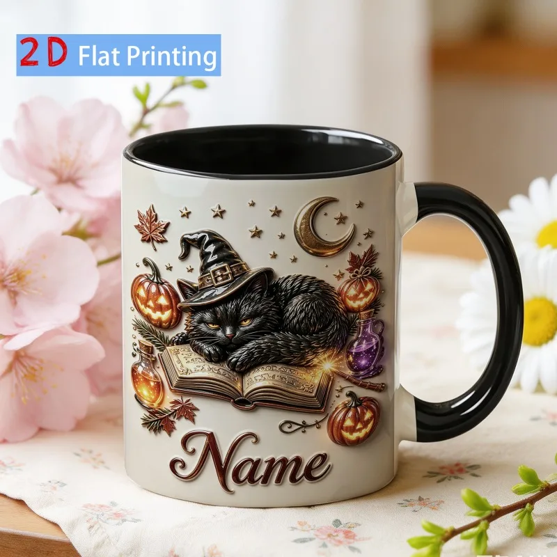 Witch Black Cat Personalized Ceramic Mug, 11oz Pink Inner Coffee Cup, Magic Pumpkin Moon Custom Name Cup, Gift for Cat Lovers