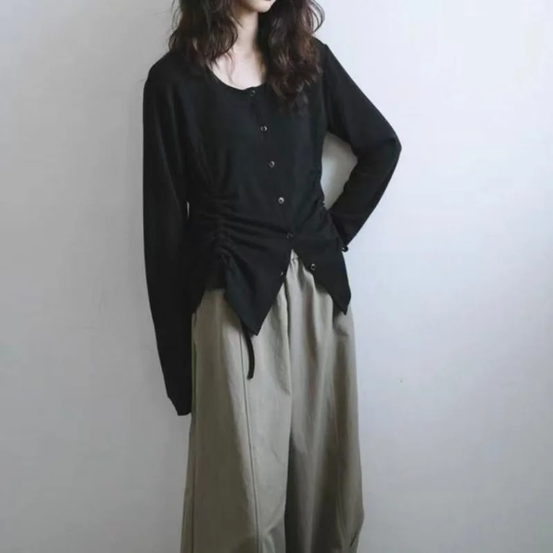Kimotimo Black Long Sleeve Cardigan T-shirts Women Autumn Crew Neck Button Up Drawstring Design Tops Casual Versatile Y2k Tees