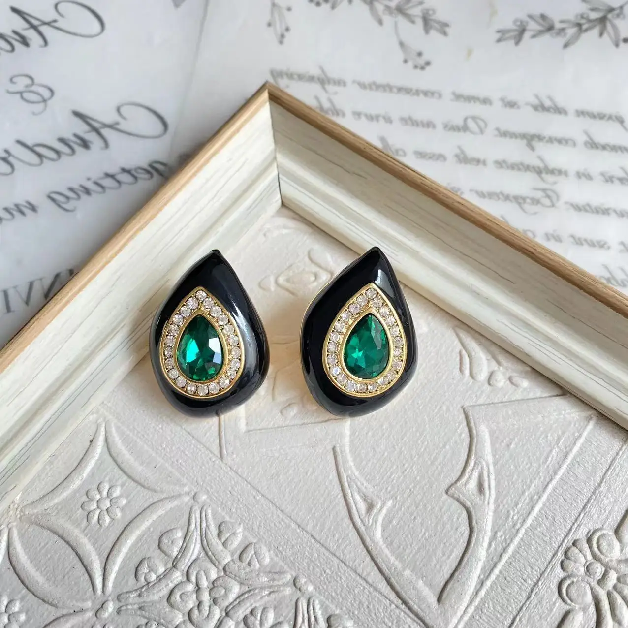 

Vintage CC Style Teardrop Black Agate Inlay Emerald Ear Stud 14K Gold Filled Gemstone Earring Victorian Era Retro Black Jewelry