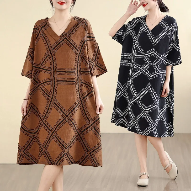 Cotton and Linen Large Size Fat Summer New Loose V-neck Casual Geometric Printing Pattern Knee Dress Evening Dresses Party