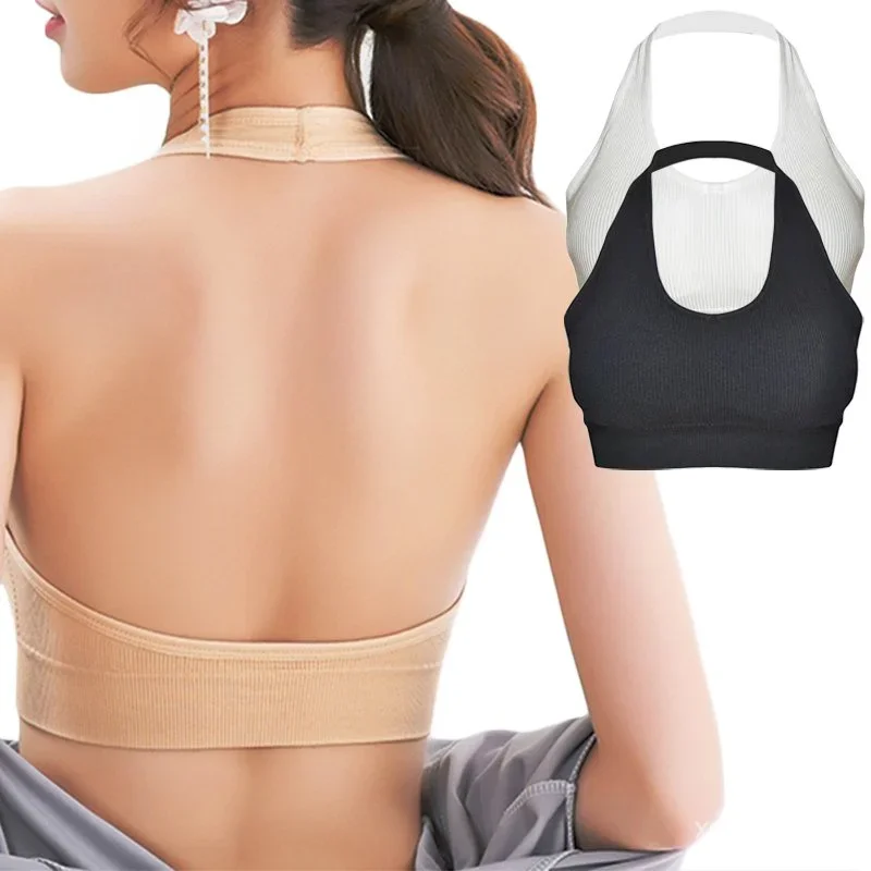 Women Sexy Halter Backless Bra Cotton Brassiere Wireless Shockproof Vest Lingerie Female Underwear Fitness Top with Built In Bra