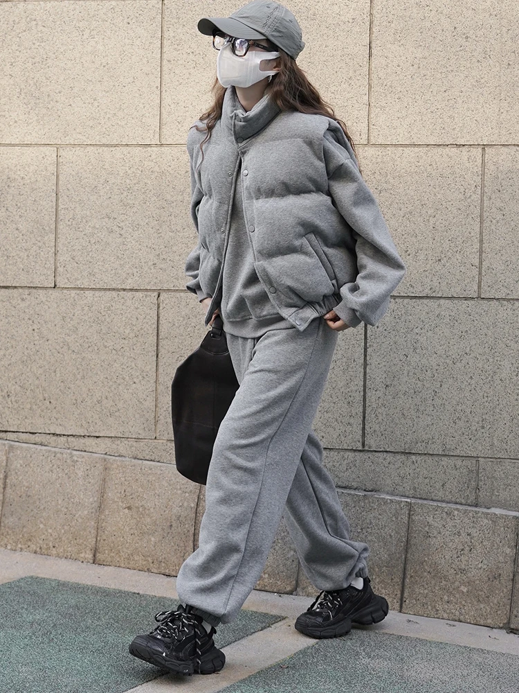 FANAN Thick Warm 3 Piece Set Women's Round Neck Loose Tps + Stand Neck Cotton Vest + Elastic High Waist Straight Pant Winter New
