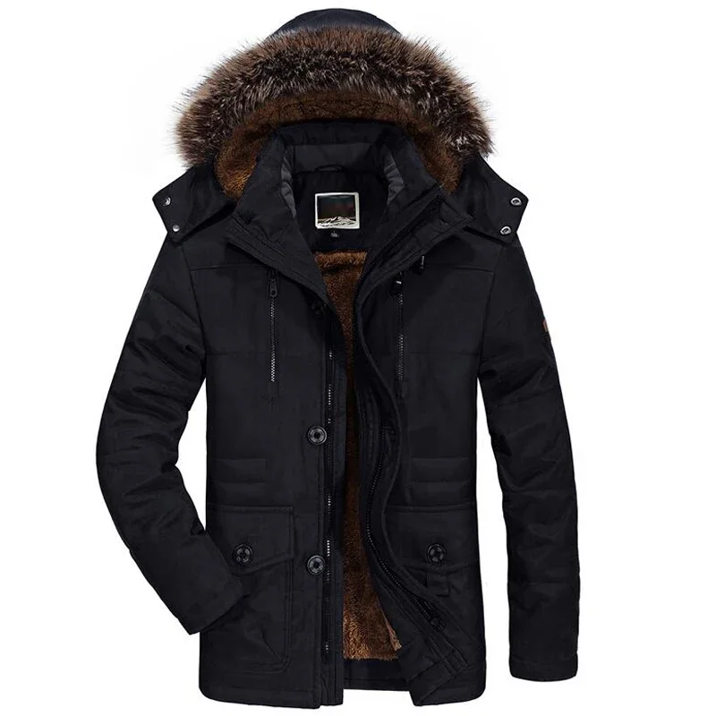 Winter Jacket Men\'s Plus Size Cotton Padded Warm Parka Coat Casual Faux Fur Hooded Fleece Long Male Jacket Windbreaker