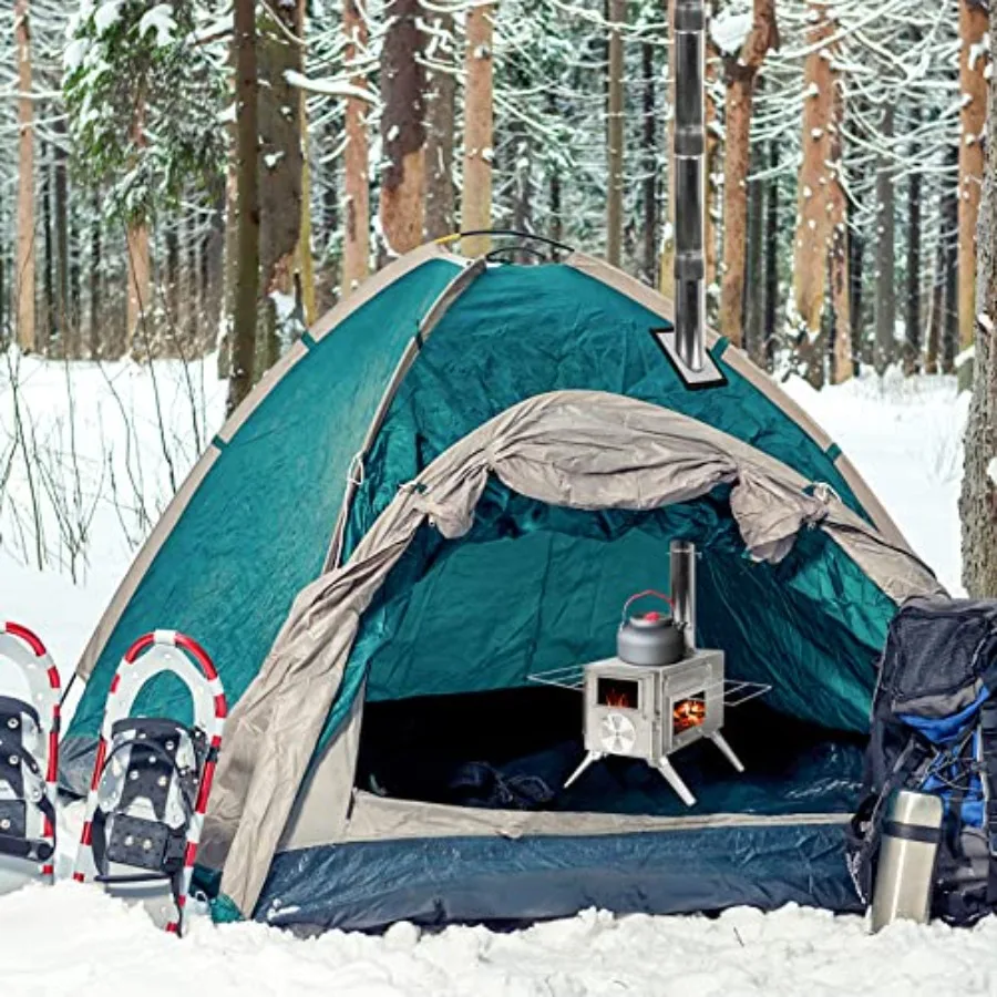 เตาเต็นท์แบบพกพาขนาดเล็กน้ำหนักเบาพร้อมโครงสร้างสแตนเลสและท่อปล่องไฟสำหรับทำอาหารและให้ความร้อนกลางแจ้ง