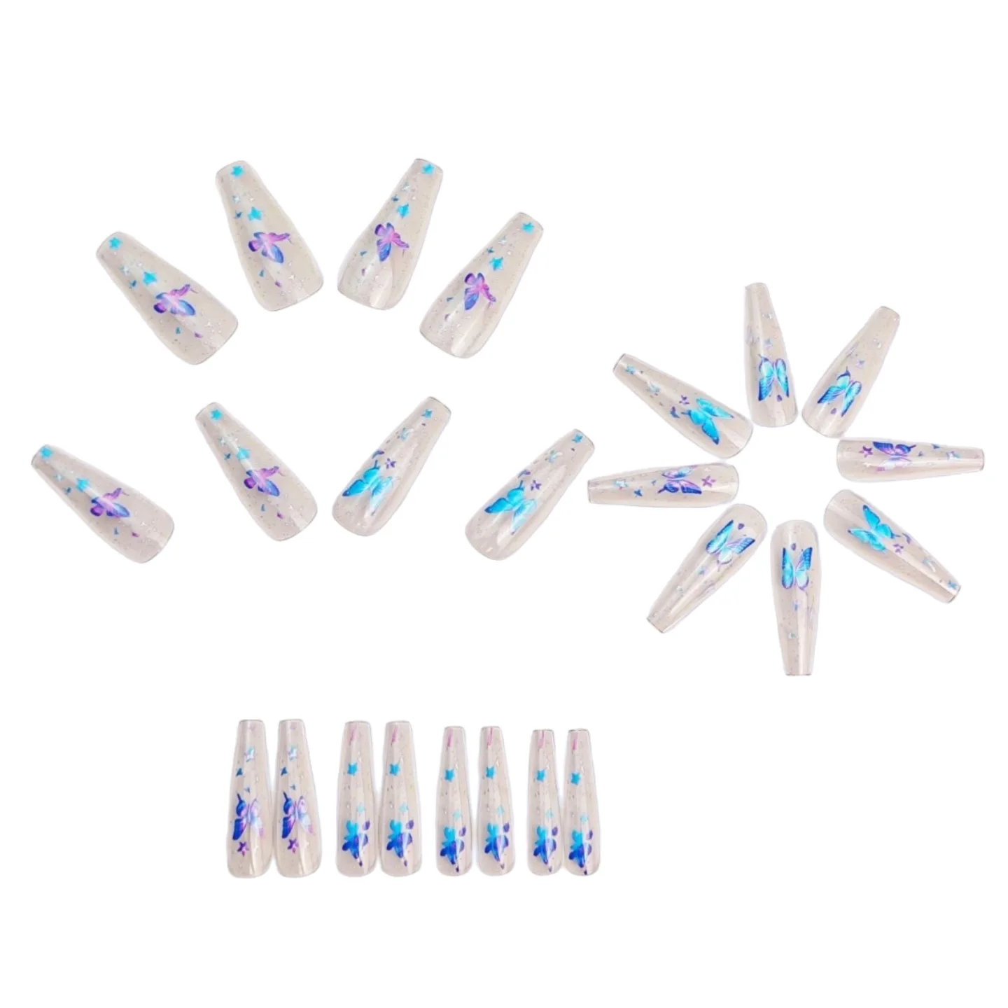 Medium Fake Nails for Women Gilrs Half Clear Ballet Nail Tips Gradient Purple Blue Butterfly Design Full Cover Press On Nail Set view 2