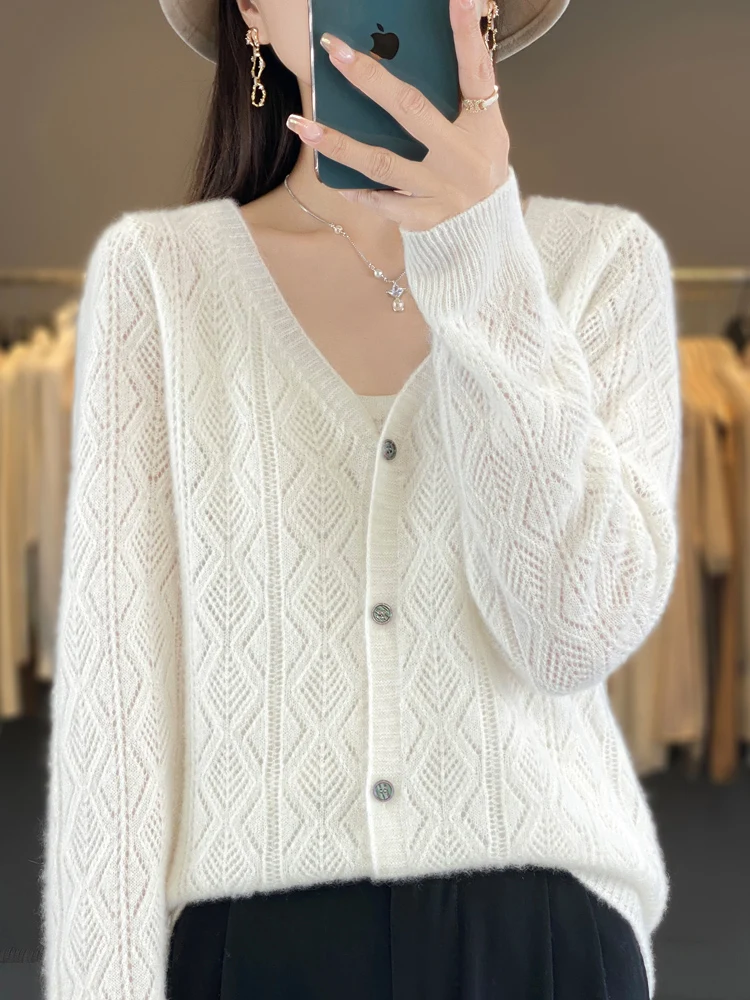 Women 100% Merino Wool V-Neck Cardigan Autumn New Cashmere Sweater Quality Soft Hollow Out Knitwear Casual Tops Clothing Korean