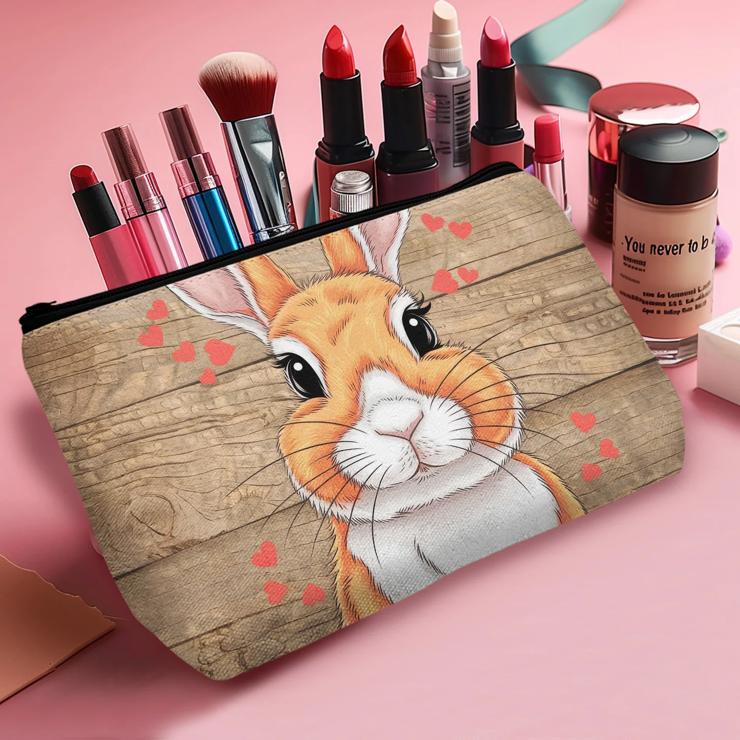 1Pc Makeup Bag Lightweight Zippered Rustic Bunny And Strawberry Print Cosmetic Pouch Sweet Cute Style Gift Women 8.66X5.51Inch