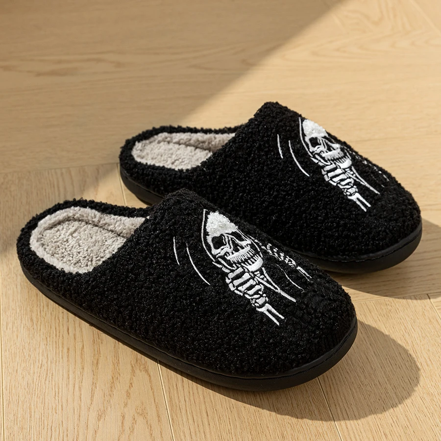 Winter Halloween Funny Skull Face Women Slippers Indoor Bedroom Warm Soft Comfy Slipper Concise Couple Fashion Flat Plush Shoes