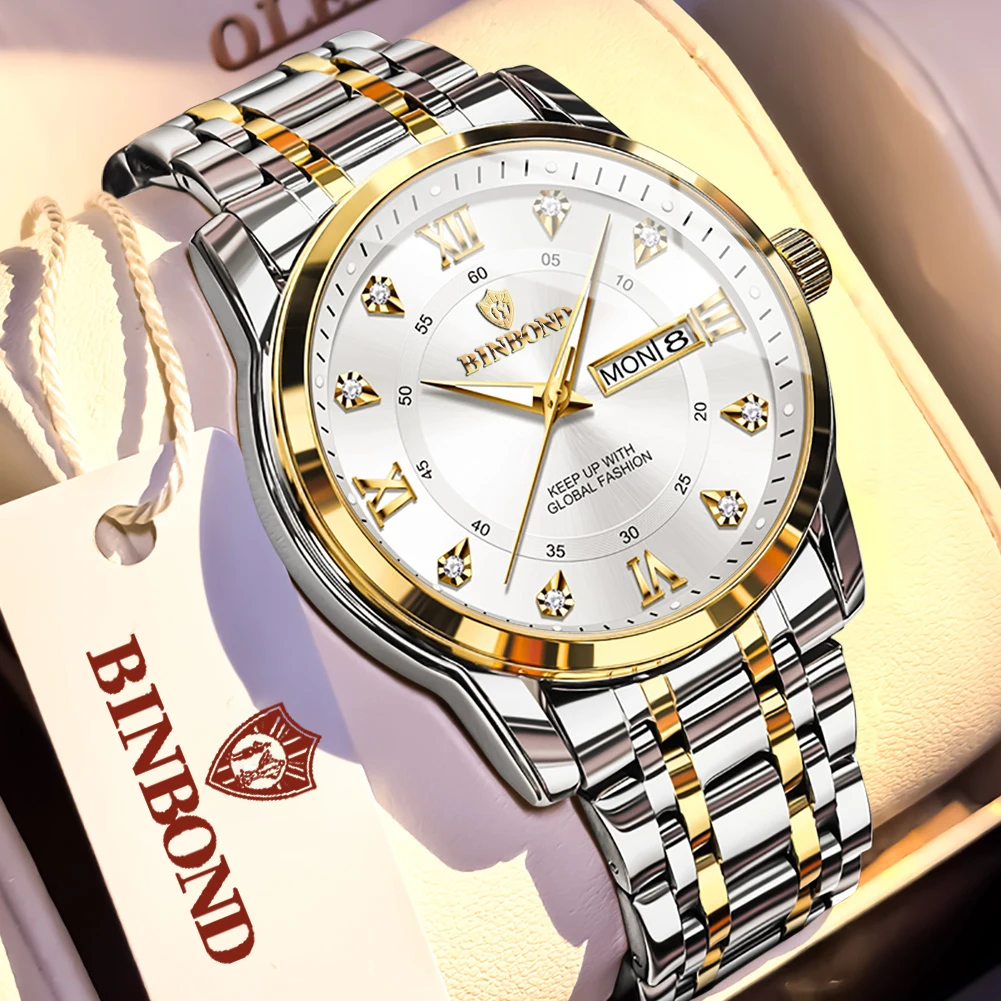 BINBOND Men's Watches 7169G Business Fashion Orginal Quartz Watch for Man Waterproof Stainless Steel Date Week Double Scale New