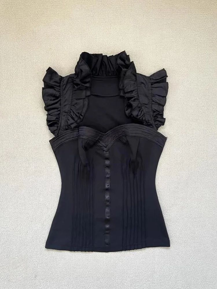 

Black Pleated Slimming Sexy Design Women's Summer Shirt Short Sleeve Flying Sleeve Cotton Blend Fashionable Commute Top
