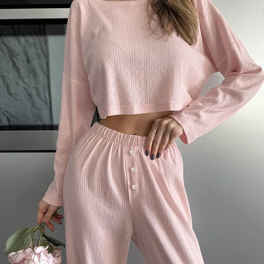 

2025 Autumn Winter Women's New Knitted Navel Long-Sleeved Long Pants Pajamas Homewear Set Girls Simple Pajamas Homewear