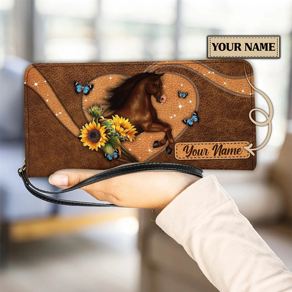 

Horse and Sunflower Pattern Vintage Purses Women Small Clutch Coin Wallet Long Slim Leather Card Holders Luxury Passport Cover