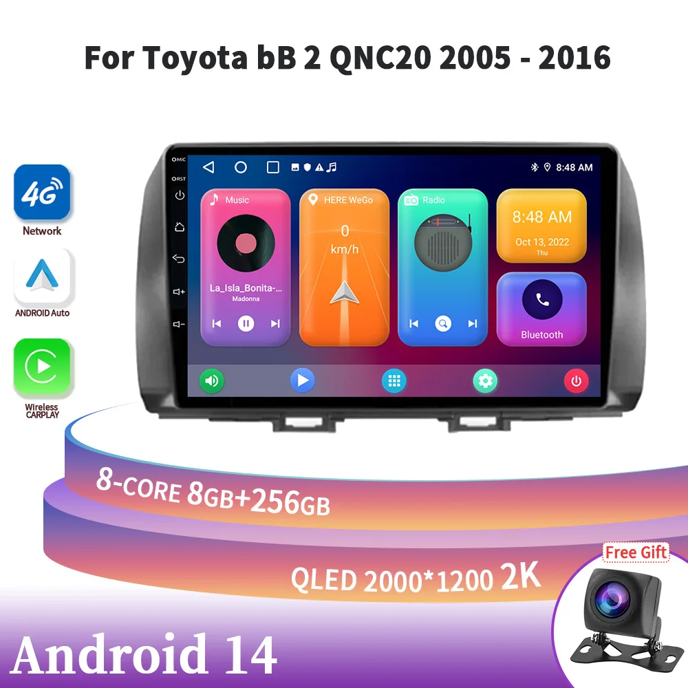 Wireless Carplay Stereo 2 Din Android 14 For Toyota bB 2 QNC20 2005-2016 10 Inch Screen Auto Radio Multimedia Navigation 4G GPS