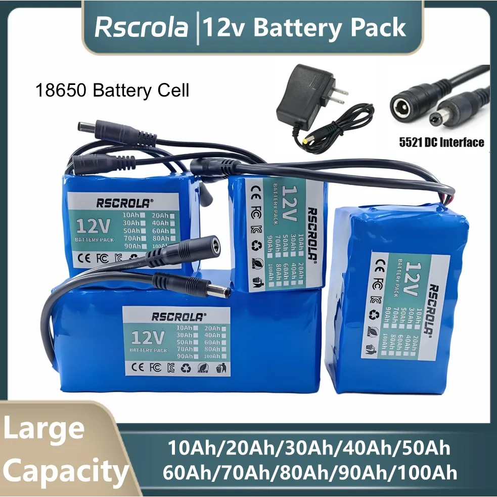 حزمة بطارية ليثيوم 12 فولت قابلة لإعادة الشحن، حزمة بطارية 12 فولت 18650 مع BMS، للطاقة الشمسية، ضوء LED، نموذج RC، مصدر الطاقة، DIY، مع شاحن #1