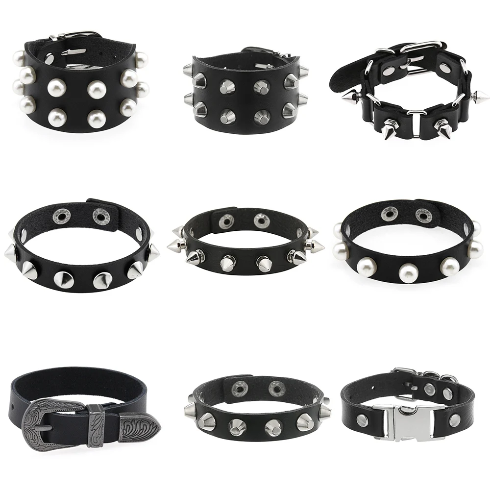 2024 Punk Style Bracelet Personality Imitation Pearls PU Leather Three Rows Spikes Square Stud Bracelets Bangle for Women Man