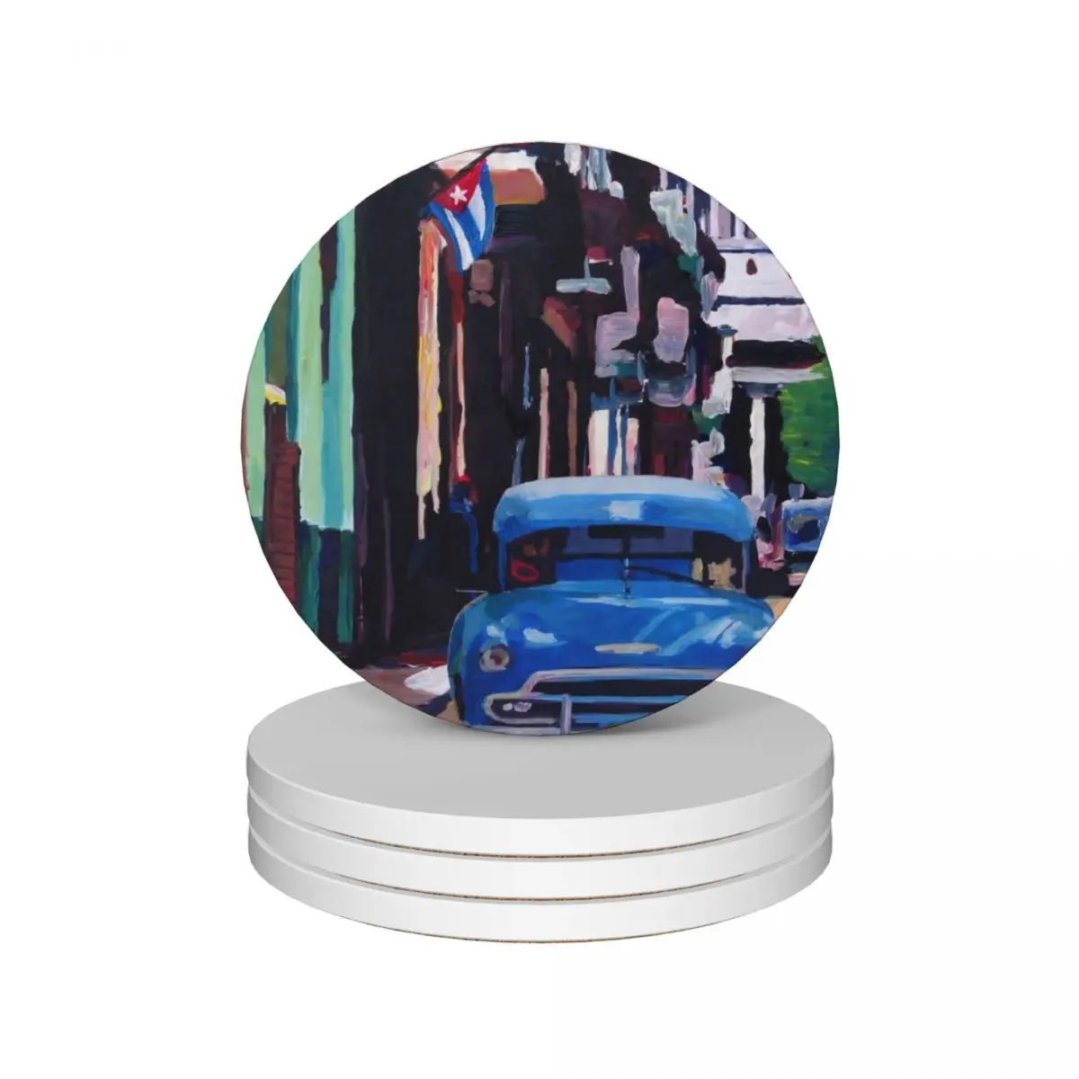 

Cuban Oldtimer Street Scene in Havana Cuba with Buena Vista Feeling Ceramic Coasters (Set of 4) mat for dishes black Coasters