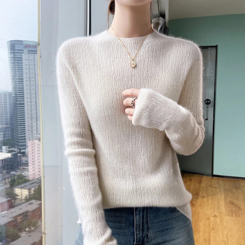 

Seamless 100% Merino Wool Women's Half High Collar Knitted Sweater Spring Autumn New Long Sleeve Pullover One Line Shaped Tops