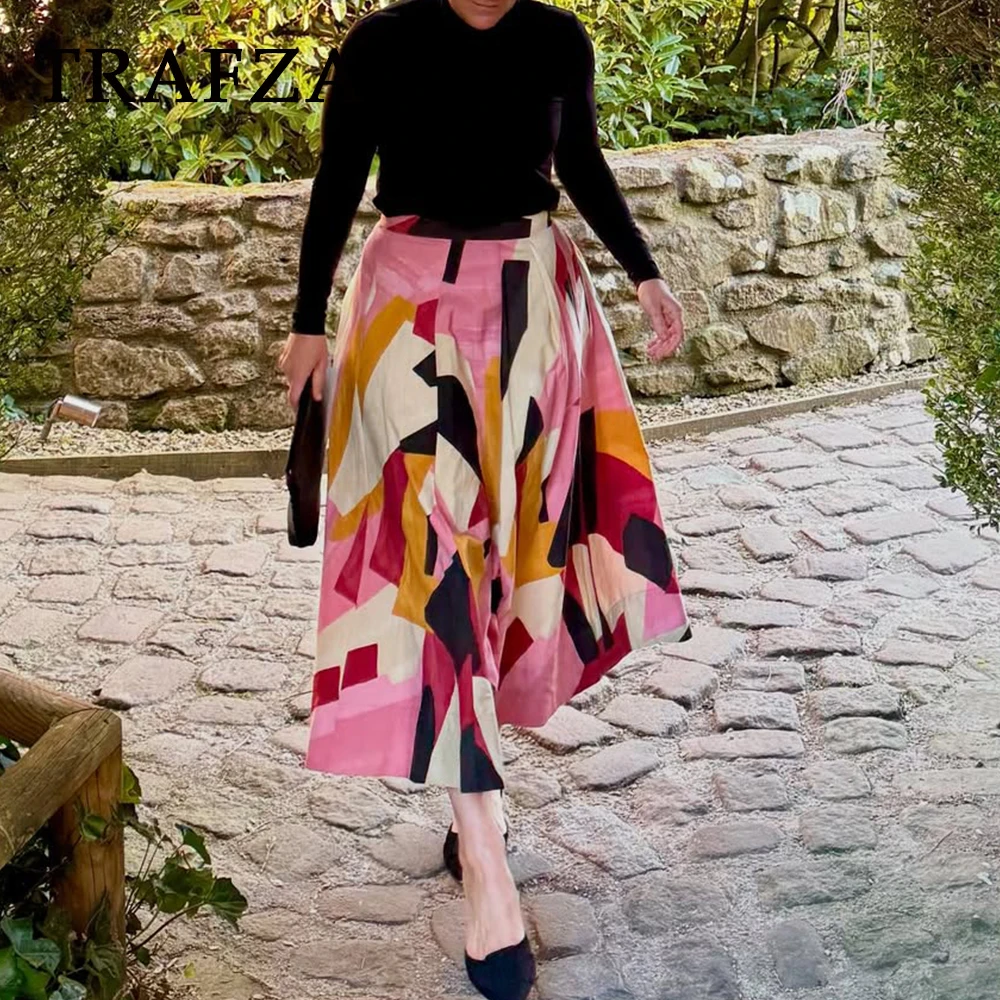 

TRAFZA Vintage Print Woman Summer Casual A-Line Midi Skirt Fashion 2025 Geometric Streetwear Elegant Mujer Patchwork Chic Skirts
