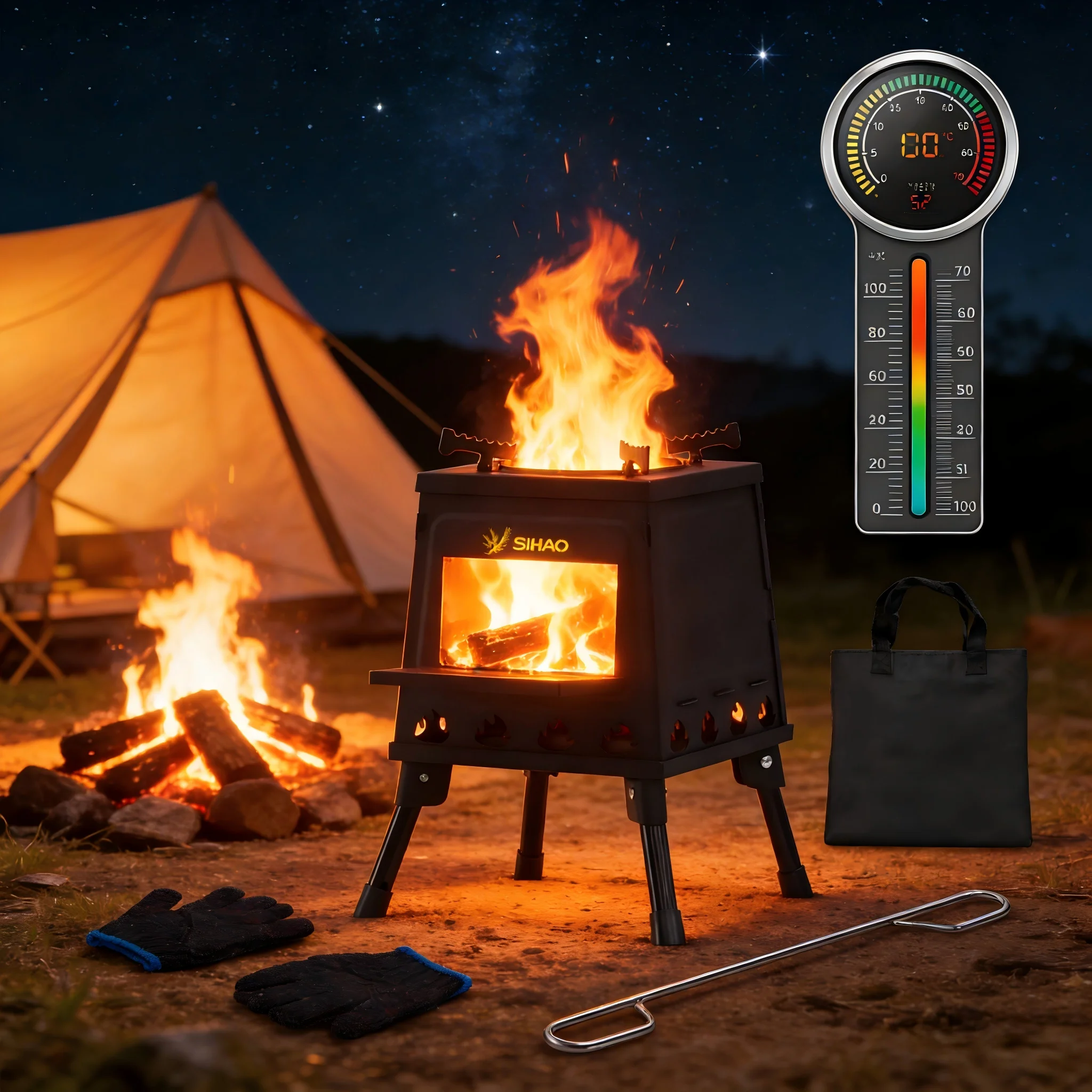 SIHAO Wood Burning Stove Rack for Camping, Portable Outdoor BBQ Stove with Thermometer, 220mm and 300mm Size Options