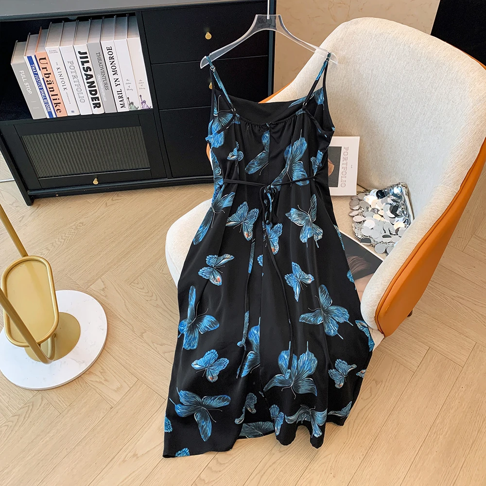 Plus-size women\'s summer casual commuting comfort Slip dress Chiffon black long dress Blue butterfly print with slit loose dress