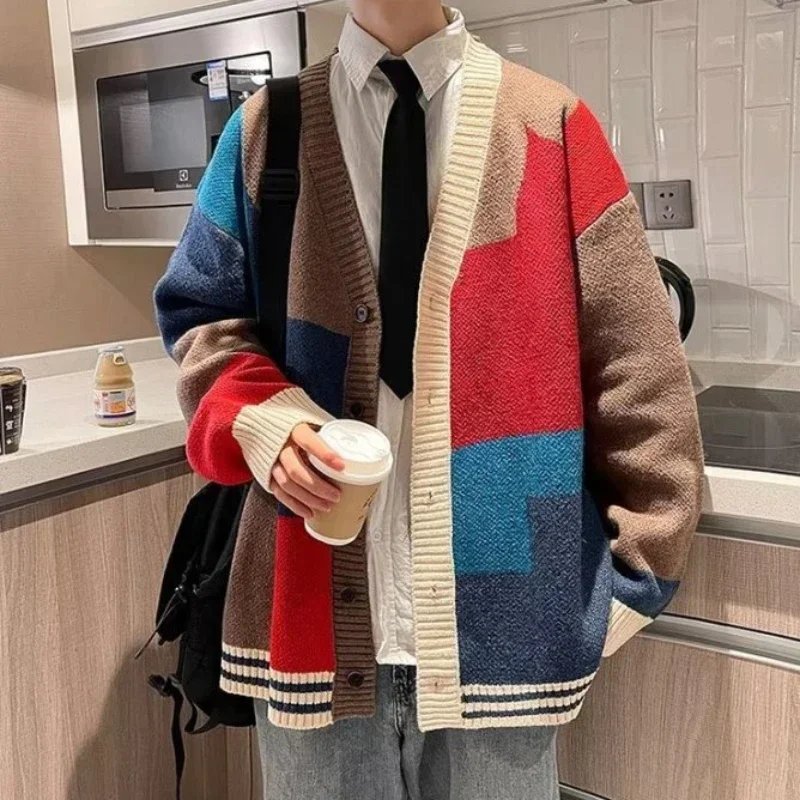 Ropa de hombre chaqueta abrigo cárdigan suéter de punto rojo hombre cuello en V empalme talla grande invierno 2025 tendencia gruesa clásica nuevo en X Old