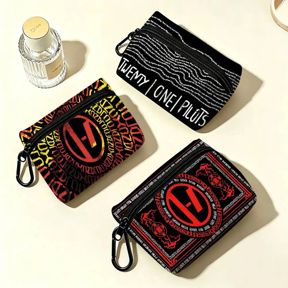 Popular T-Twenty One Pilot Band Portable Oxford Fabric Mini Wallet Carabiner Design Small Coin Bag For Cards Keys Earphones