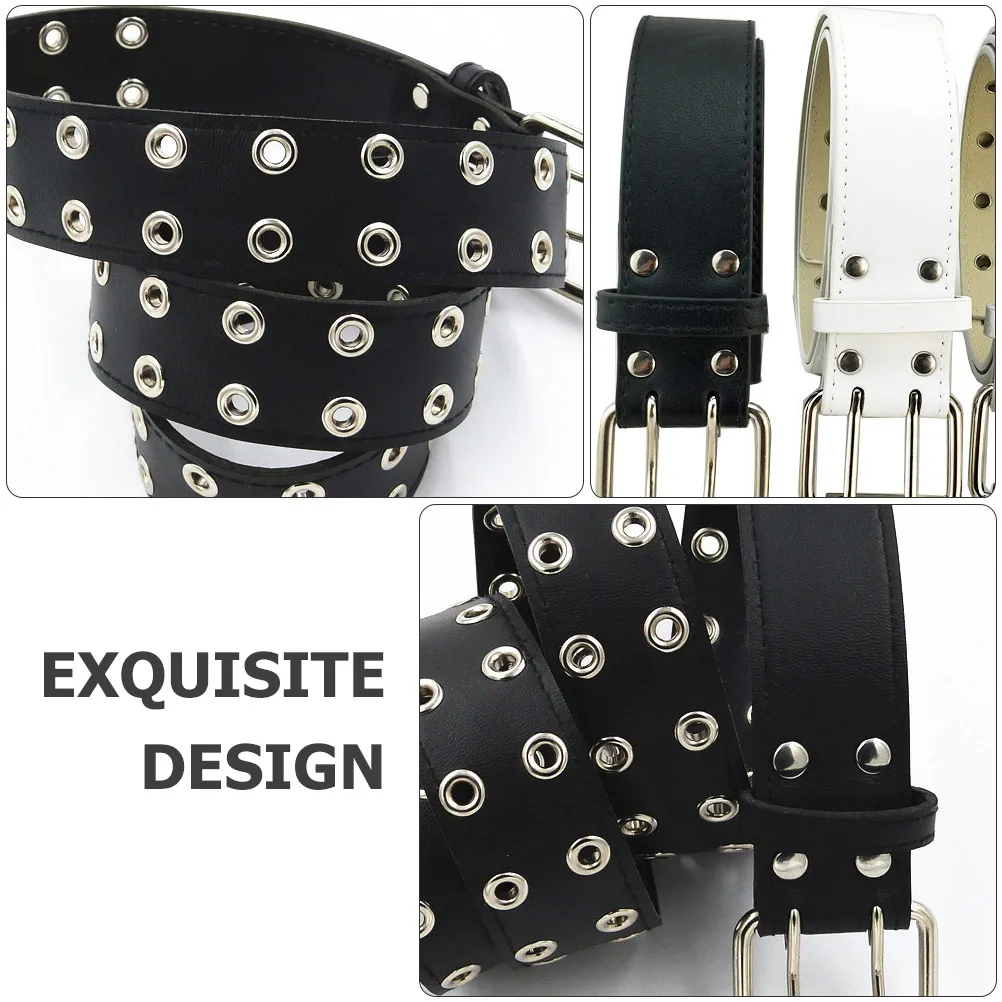 

Double Buckle Waistband Belt Black Imitation Unisex Fashion Punk Artificial Belt Leisure Workplace Metal Buckle