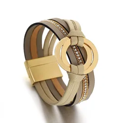 ALLYES Double Circle Cross Leather Bracelet for Women Men Fashion Boho Crystal Chain Wide Wrap Bangles & Bracelets Charm Jewelry