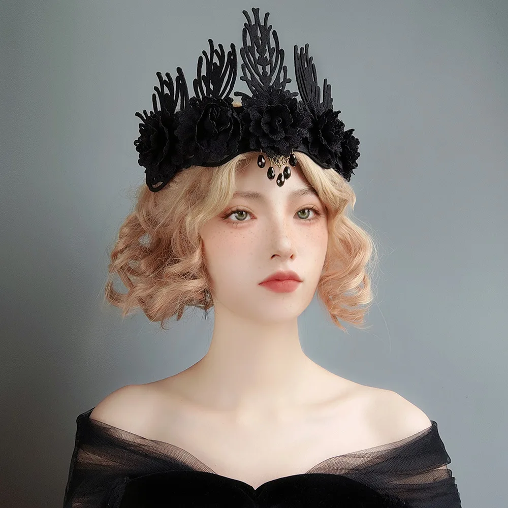 

Baroque Black Flowers Tiara Crown Headband, Halloweeen Masquerade Party Forehead Hair Accessories for Women Girls