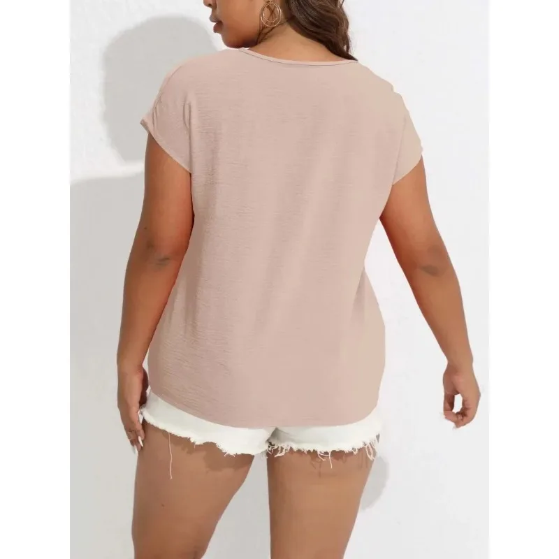 Women's Plus Size 1XL-8XL Casual Solid Color V-neck T-shirt with Buttons Short Sleeved Top Bat Sleeve Loose Shirt