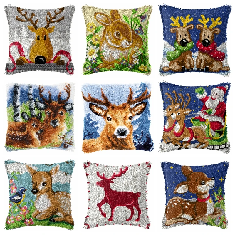 

Christmas Elk Series Latch Hook Cushion Kits Pillow Case Crochet Crafts DIY Yarn for Embroidery Cushion Cover Sofa Pillows