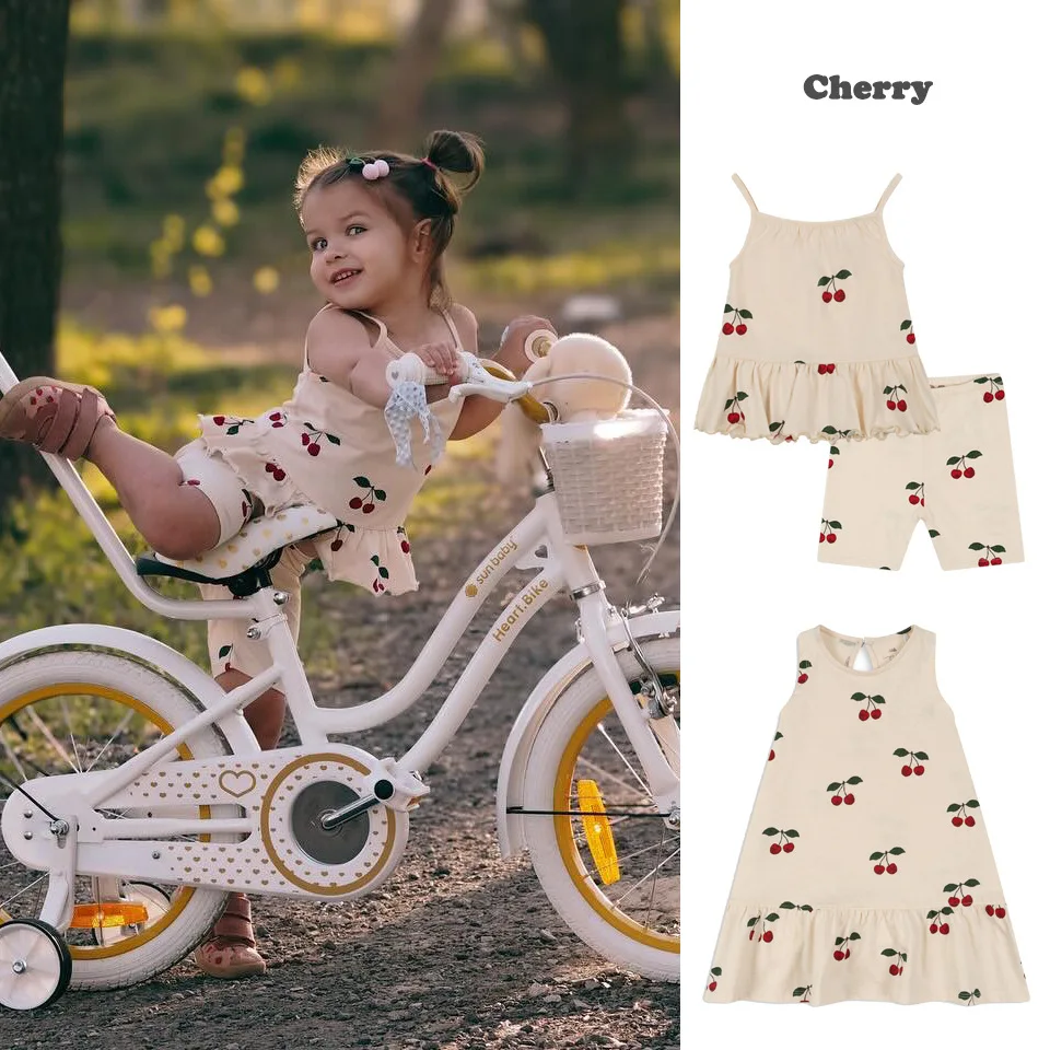 2024 KS Baby Girls Cherry Print Sling Dresses Kids Clothes Toddler Girls T Shirt + Shorts 2 Pcs Sets Children\'s Bodysuits Romper