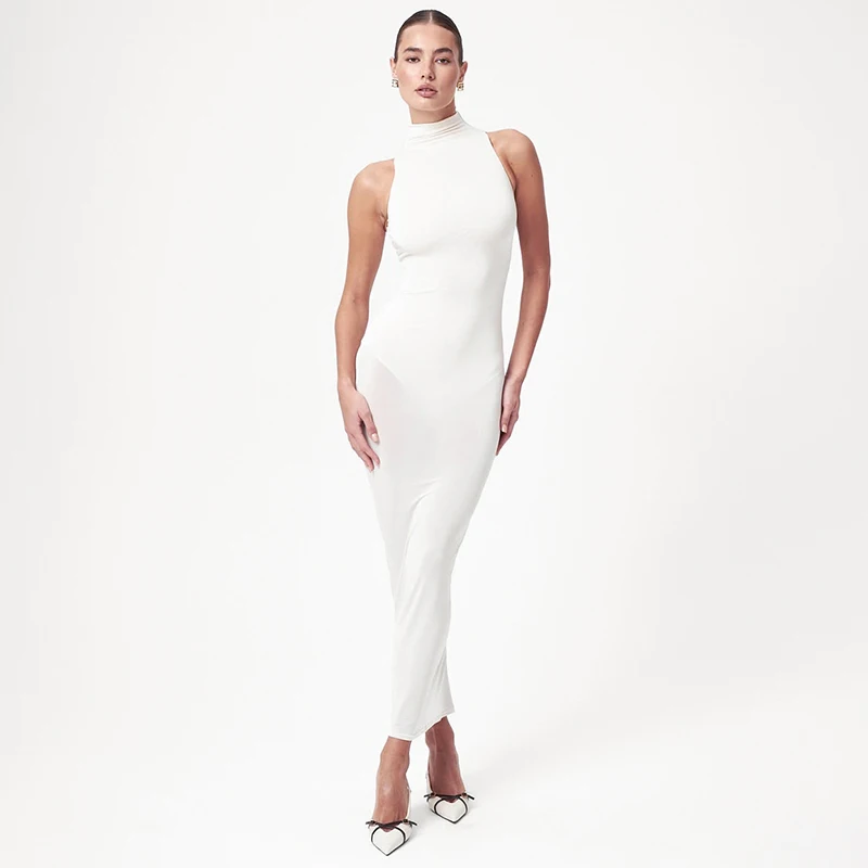 DGLUKE Turtleneck Sleeveless Long Dress With Bodysuit Black White Sheer Maxi Dress Summer Sexy Bodycon Dress Woman