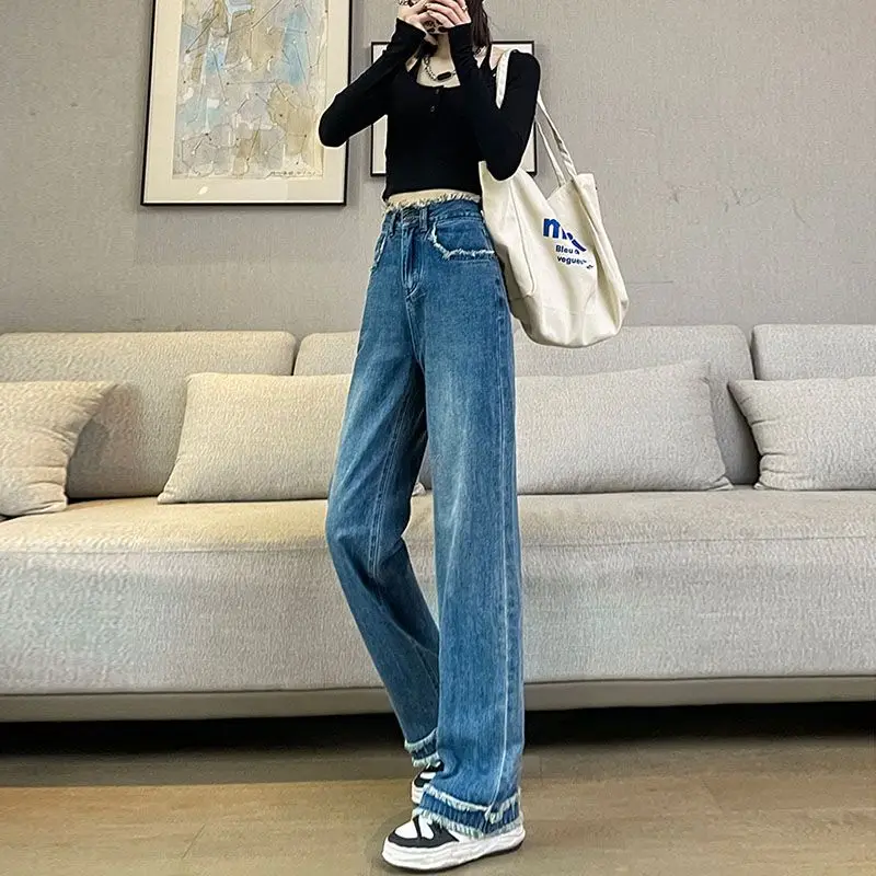 Trendy Women Jeans High Waist Straight Cut Raw Hem Details for Pear Shape Body Drag Wide Leg Pants 2026 New Design