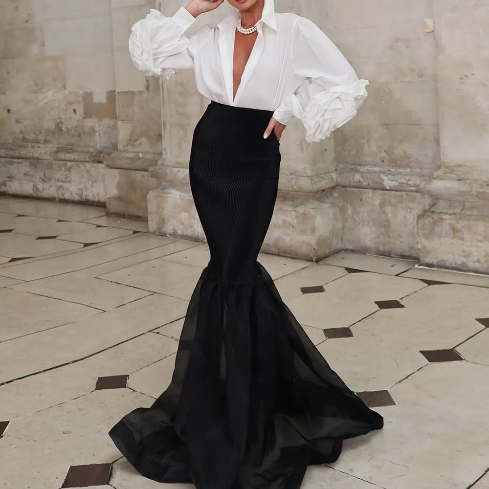 

Вечерние платья русалки по индивидуальному заказу, длиной до пола, с v-образным вырезом и длинными рукавами, платье для выпускного вечера, модные цветы, простое драпированное повседневное вечернее платье