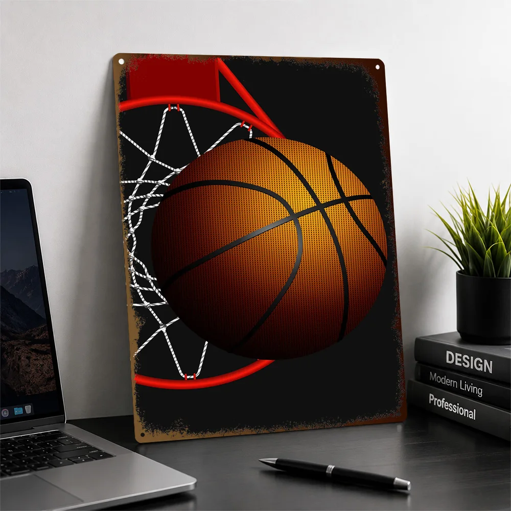 Basketball Hoop Minimalist Graphic Printed Poster Personalized Aluminum Metal Sign Endurance Athlete Wall Art For Locker Rooms