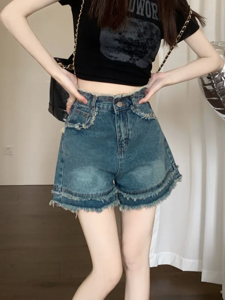 Denim Shorts Women Loose Design Tassel Retro Fashion Korean Style Streetwear Hot Girls Summer Stylish Leisure Daily All-match